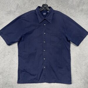 VTG Gap Shirt Men's XL Blue Stretch Short Sleeve Button Up Pocket Hong Kong Y2K